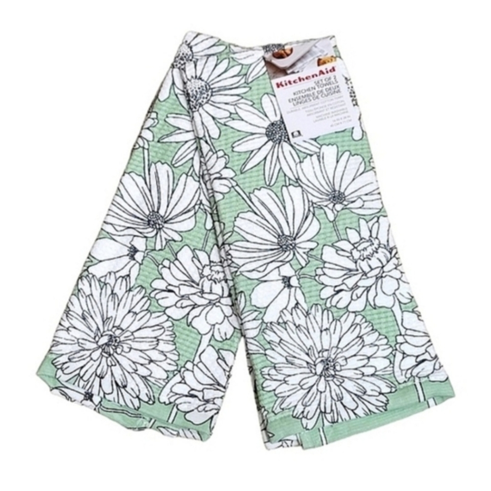 KitchenAid Pistachio Green Kitchen Towels Set Of 2 Floral Print